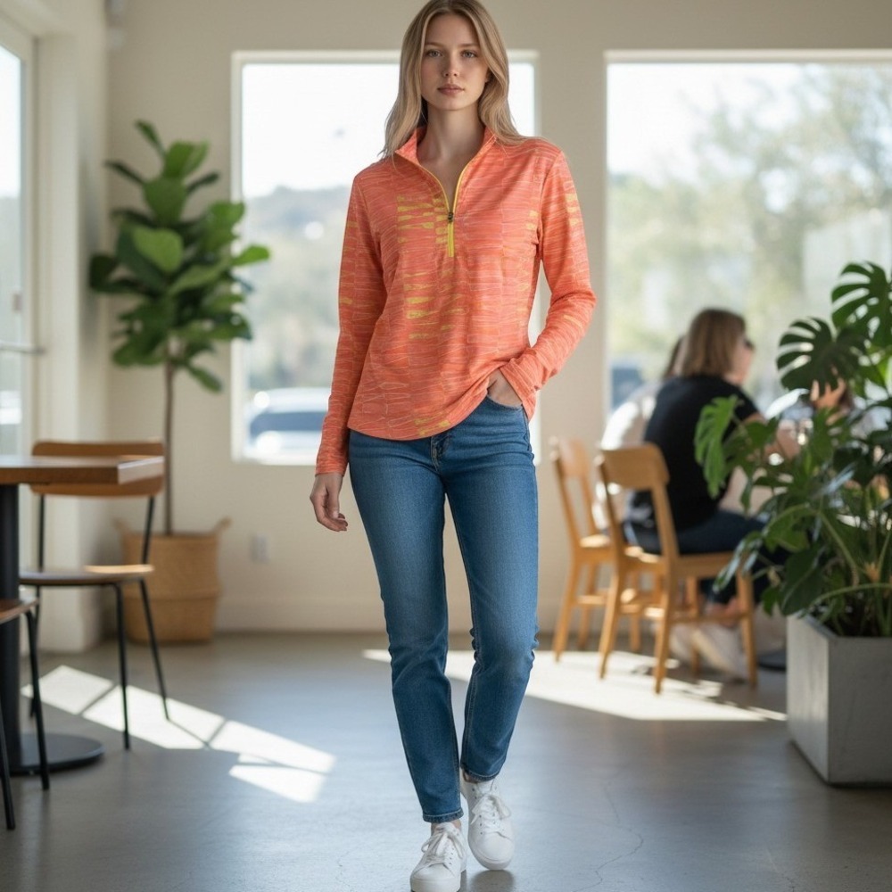 Jamie Sadock Sunsense Womens Orange Pink Abstract 1/4 Zip Long Slv Top M 41111